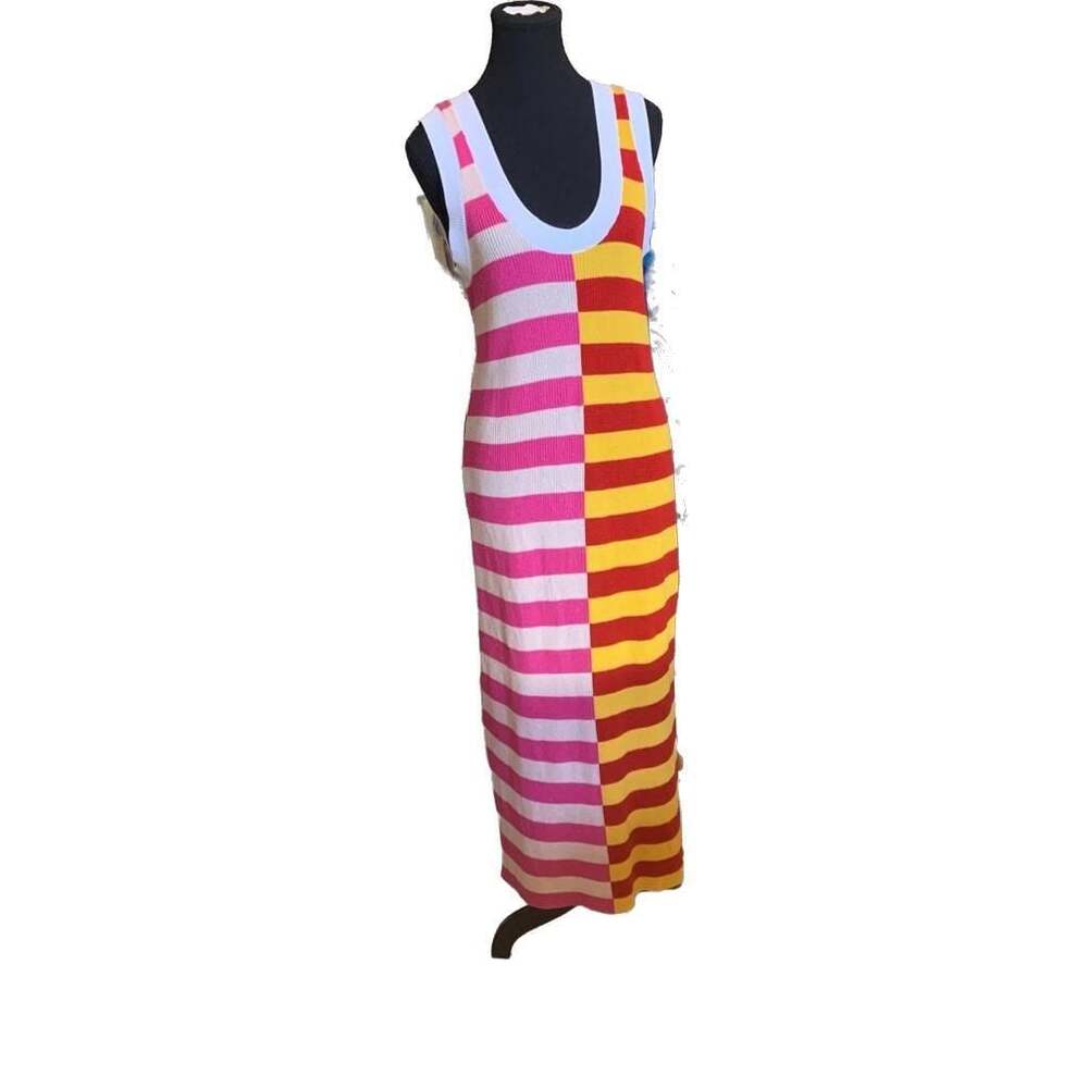 Wenrine Womens Summer Striped Dress Knitted Side Slit Casual Maxi Beach Dress